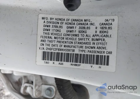 2019 Honda Civic Sport z USA, uszkodzony, nr VIN 2HGFC2F8XKH559758